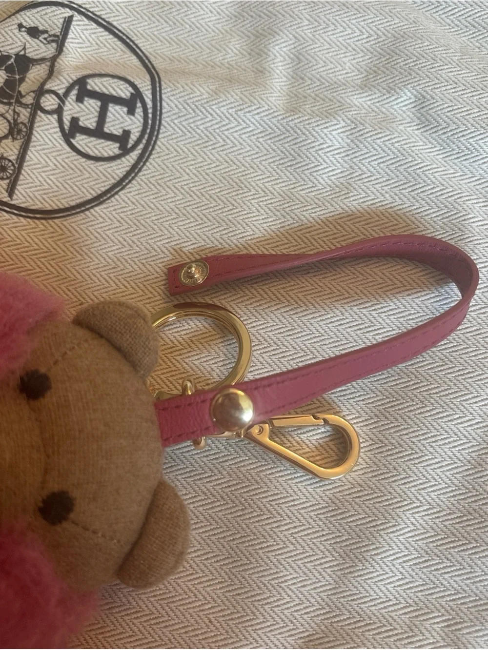 MaxMara Brown Bear Bag Charm with Pink Wool Fur Coat and Gold Hardware